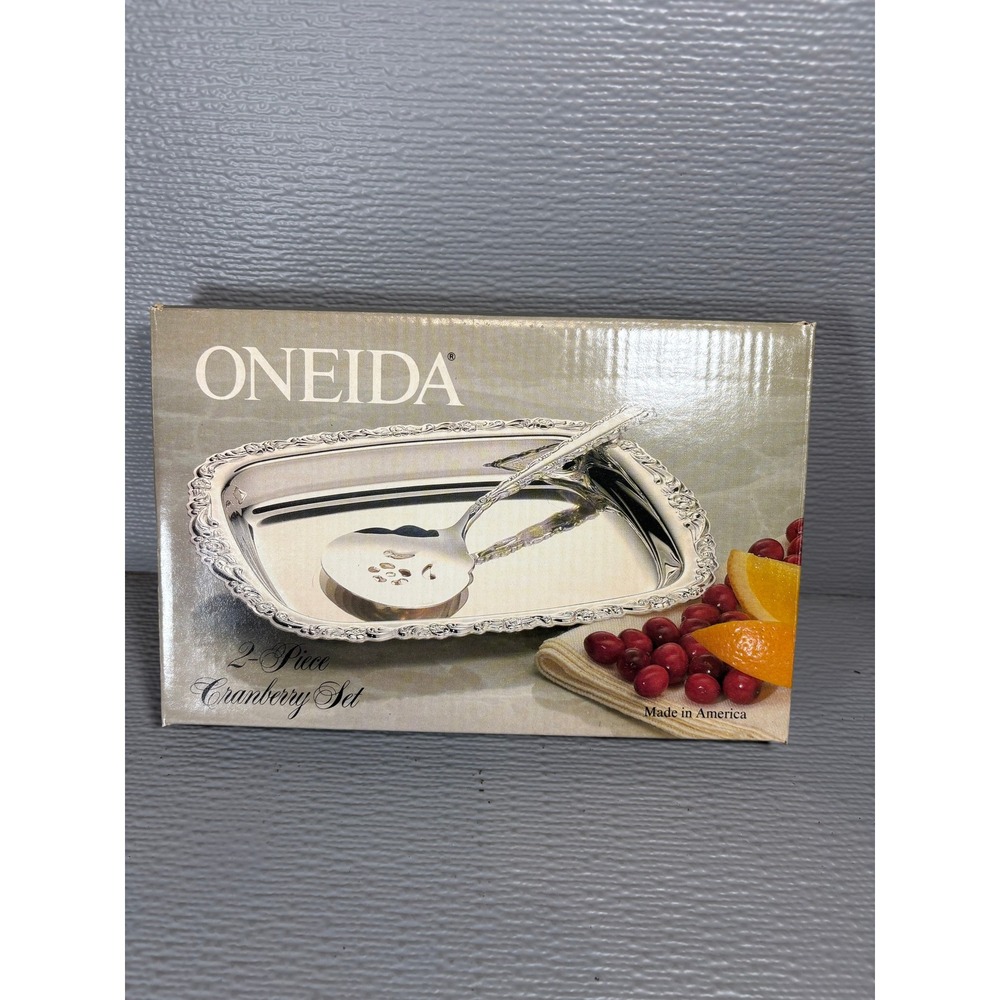 Oneida Silverplate 2-Piece Cranberry Set Ornate Tray and Pierced Serving Spoon